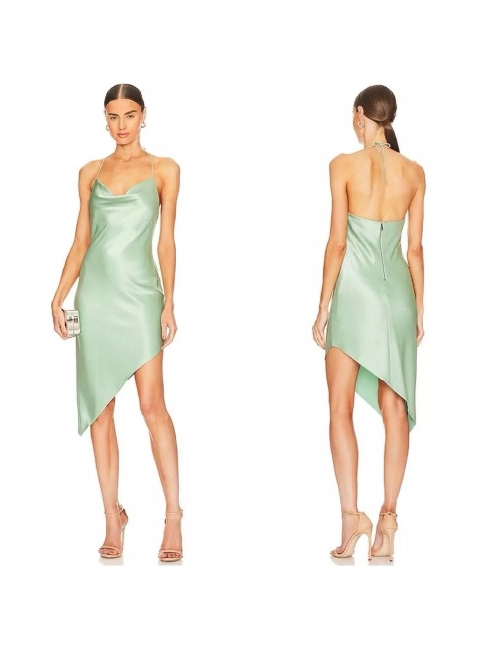 Alice + Olivia Mint Green Satin Halter Asymmetric Slip Dress size 4